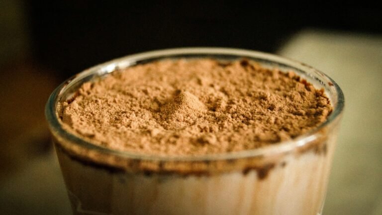 A detailed close-up of a glass with cocoa powder sprinkled over a chocolate drink.