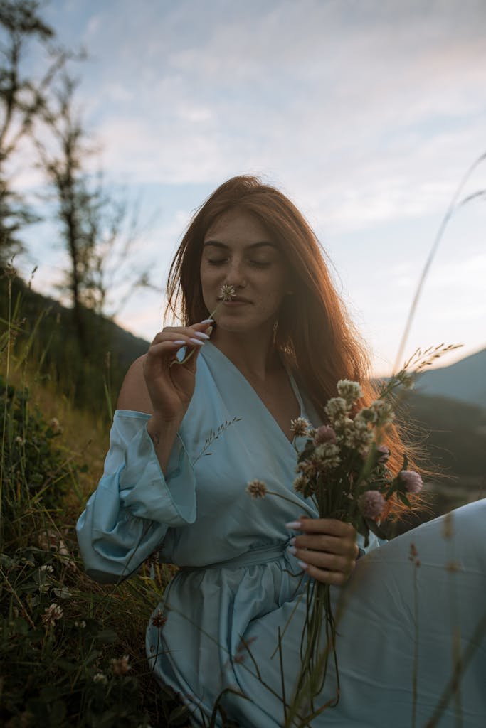 Young woman in blue dress enjoying nature, sitting in a meadow, smelling wildflowers during sunset.